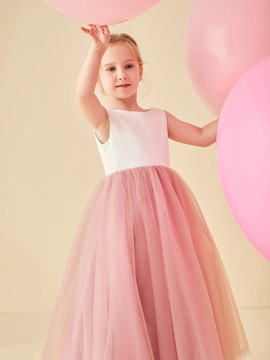 Heowos ivory and dusty rose flower girl dress with a boat neckline, sleeveless satin bodice and full gathered tulle skirt.