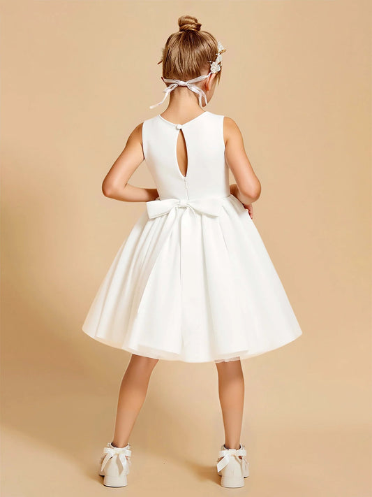 Embroidered A-Line Round Neck Sleeveless Keyhole Back Knee-Length Flower Girl Dress