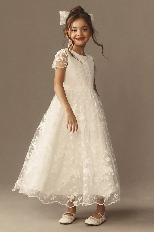 Heowos ivory floral lace first communion dress with a round neckline, sheer short sleeves and a scalloped ankle-length skirt.