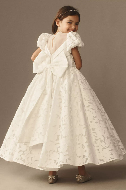 Romantic Ballgown Illusion Neckline Puff Sleeves Bow-Back Ankle-Length Flower Girl Dresses