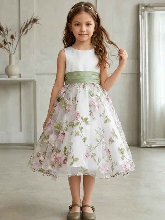 Heowos Elegant A-Line Round Neck Sleeveless Button Back Tea-Length Flower Girl Dress