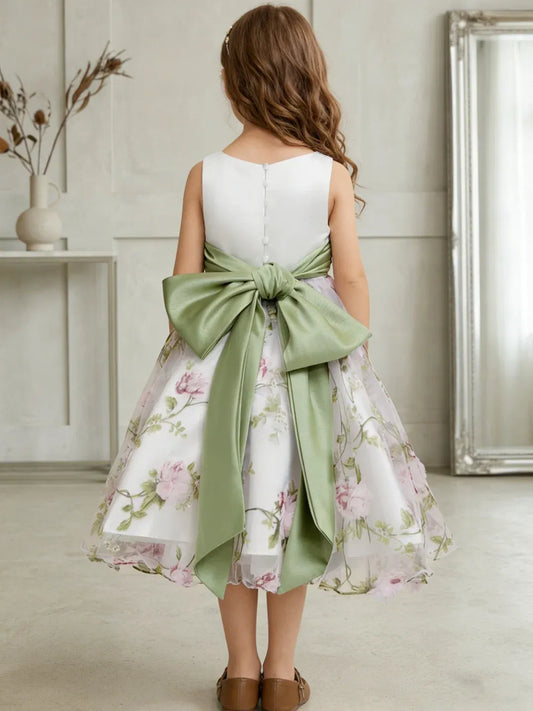 Heowos Elegant A-Line Round Neck Sleeveless Button Back Tea-Length Flower Girl Dress