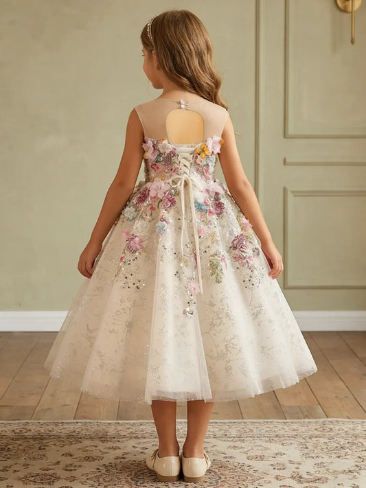 Heowos Enchanted A-Line Illusion Neck Cap Sleeve Lace-Up Tea-Length Flower Girl Dress