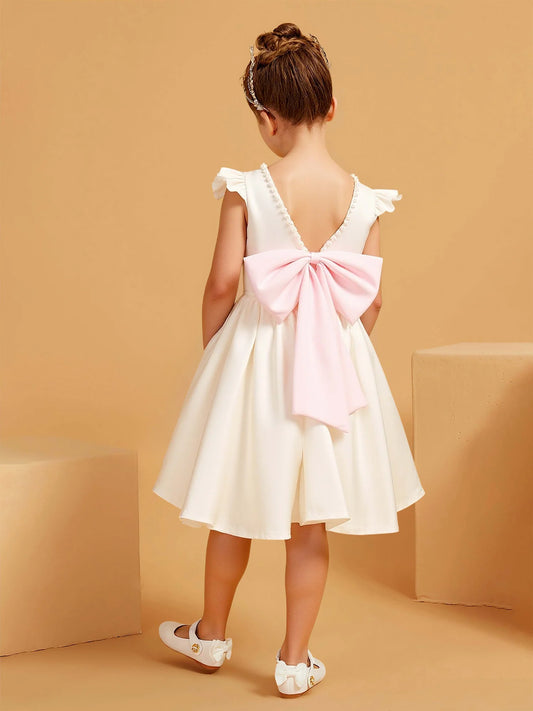 Heowos Elegant A-Line Round Neck Flutter Sleeve V-Back Knee-Length Flower Girl Dress