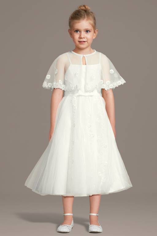 Elegant A-Line Round Neck Lace Cape Sleeve Tulle Flower Girl Dress