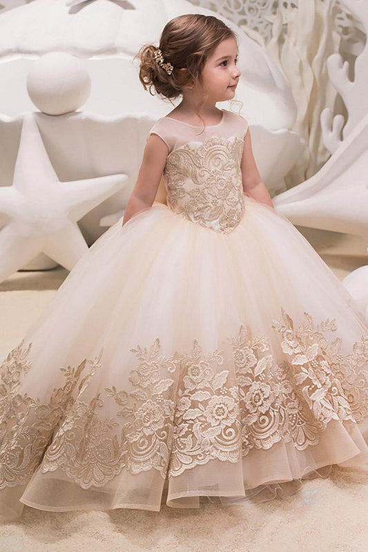 Elegant Ivory Ball Gown Lace Cap Sleeve Flower Girl Dress
