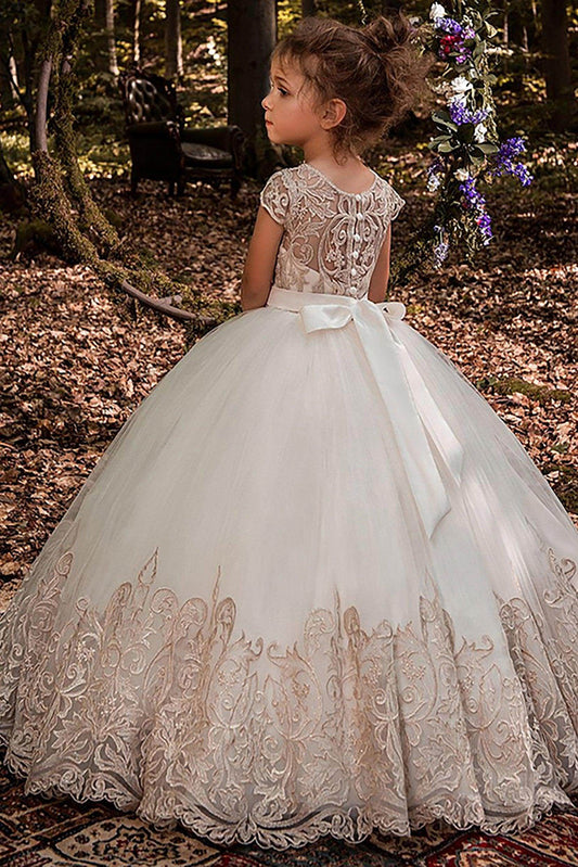 Luxury A Line Illusion Cap Sleeve Lace Back Bow Flower Girl Dress