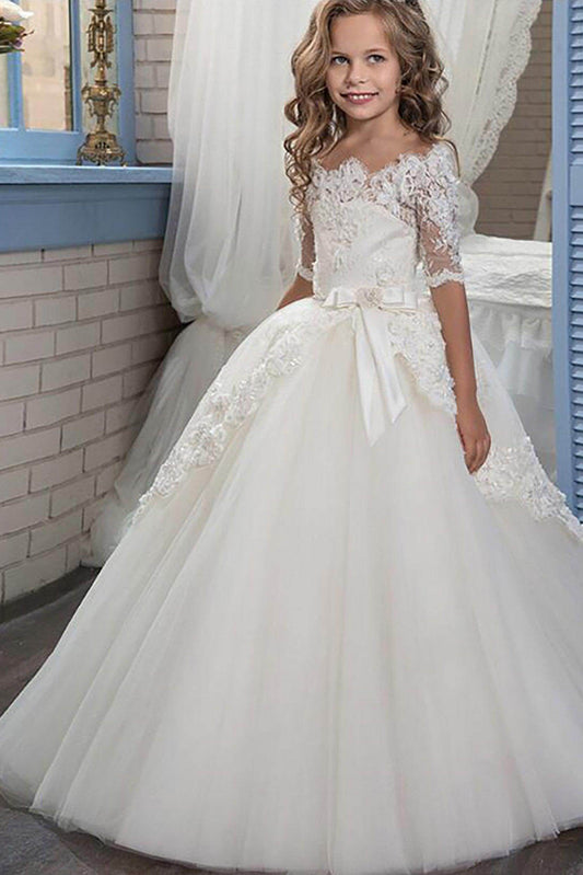 Elegant A Line Off Shoulder Short Sleeve Lace Back Flower Girl Dress