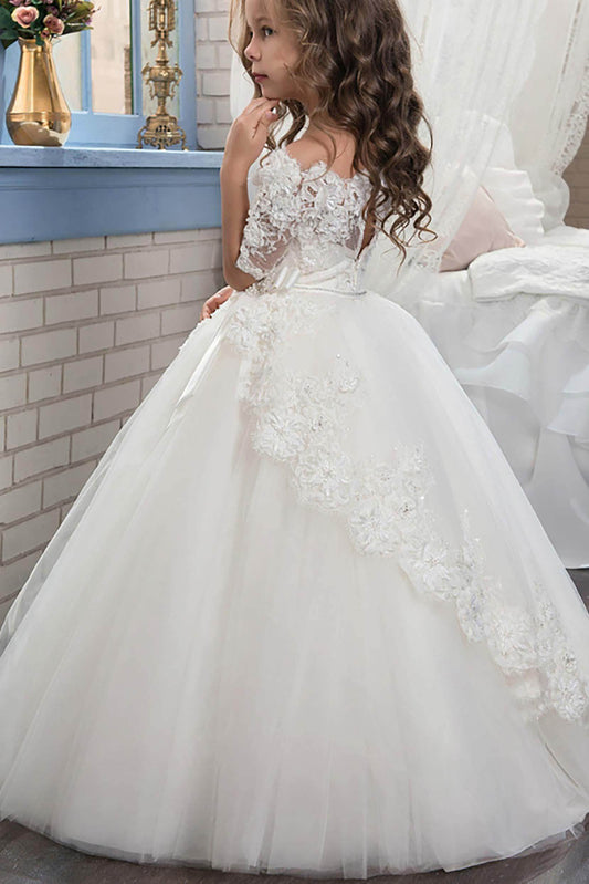 Elegant A Line Off Shoulder Short Sleeve Lace Back Flower Girl Dress