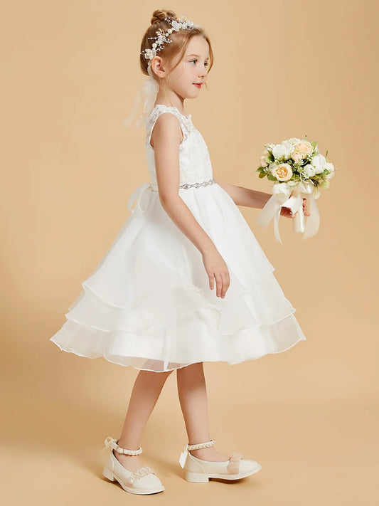 Romantic A-Line Illusion-Neck Sleeveless Illusion-Back Tea-Length Lace Flower Girl Dresses