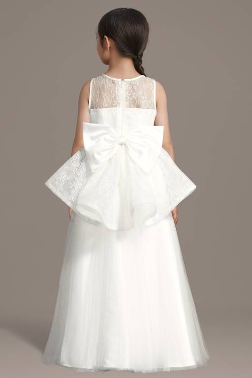 Elegant A-Line Illusion Neck Lace Peplum Bow Flower Girl Dress