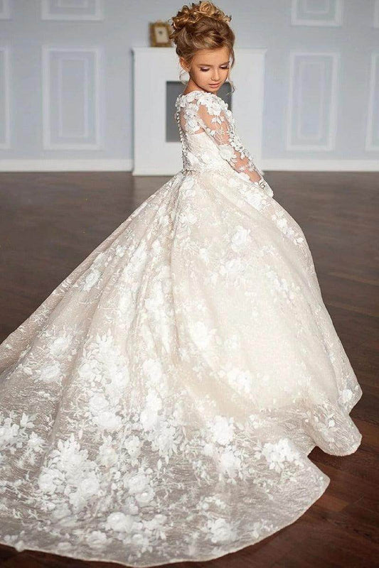 Luxury Princess Round Neck Long Sleeve Illusion Lace Back Floor Length Flower Girl Dress