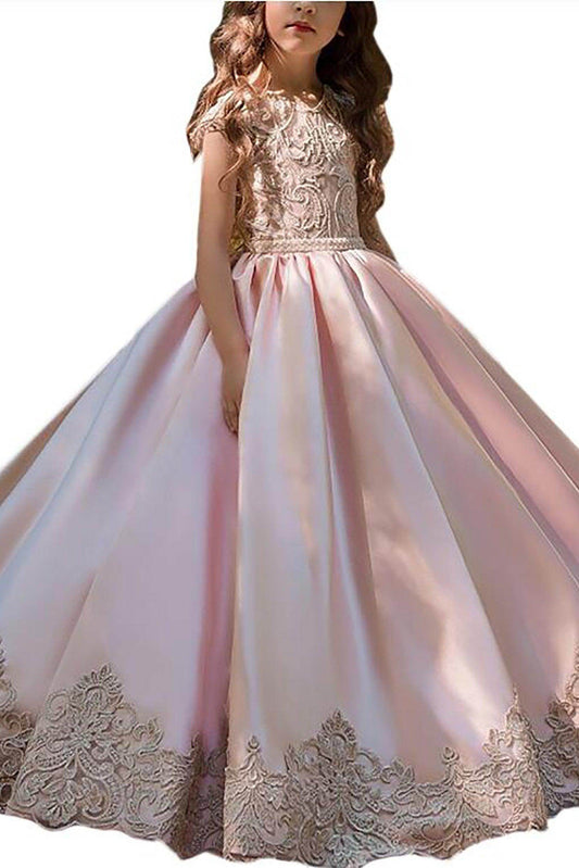 Luxury A Line Round Neck Cap Sleeve Lace Back Flower Girl Dress