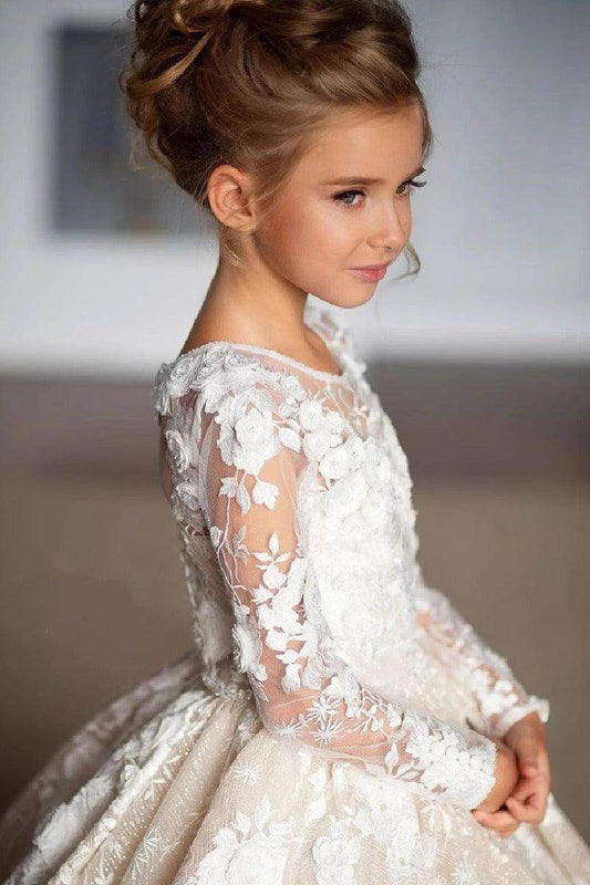 Luxury Princess Round Neck Long Sleeve Illusion Lace Back Floor Length Flower Girl Dress