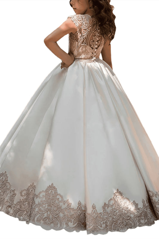 Luxury A Line Round Neck Cap Sleeve Lace Back Flower Girl Dress