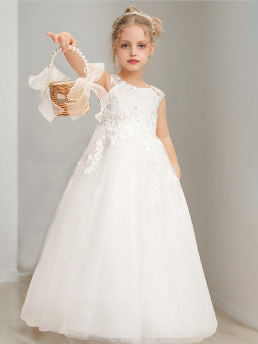 Ivory Lace Tulle Bow Flower Girl Dress