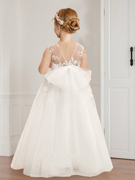 Ivory Lace Tulle Bow Flower Girl Dress