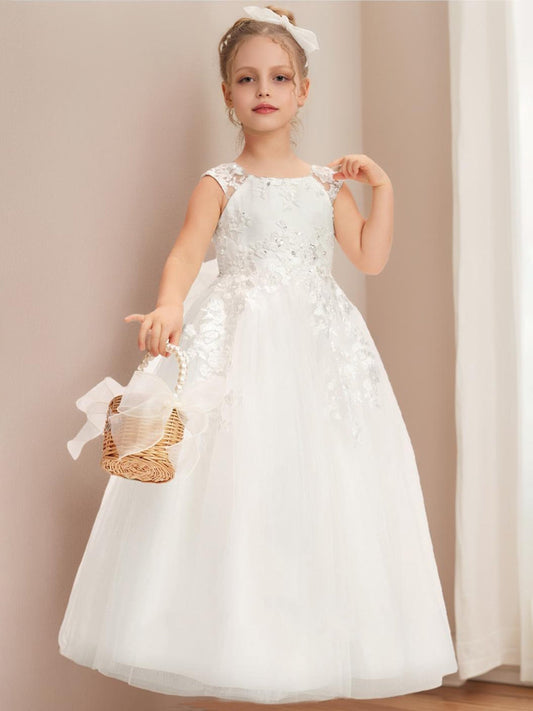 Ivory Lace Tulle Bow Flower Girl Dress