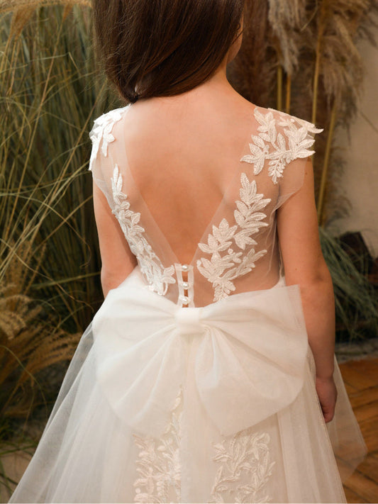 Elegant A-Line Illusion Sleeveless V-Back Tea-Length Flower Girl Dress