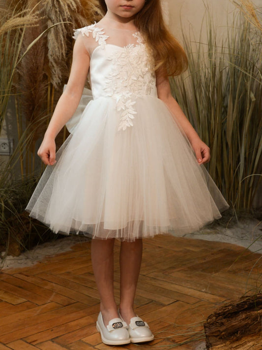 Elegant A-Line Illusion Sleeveless V-Back Tea-Length Flower Girl Dress
