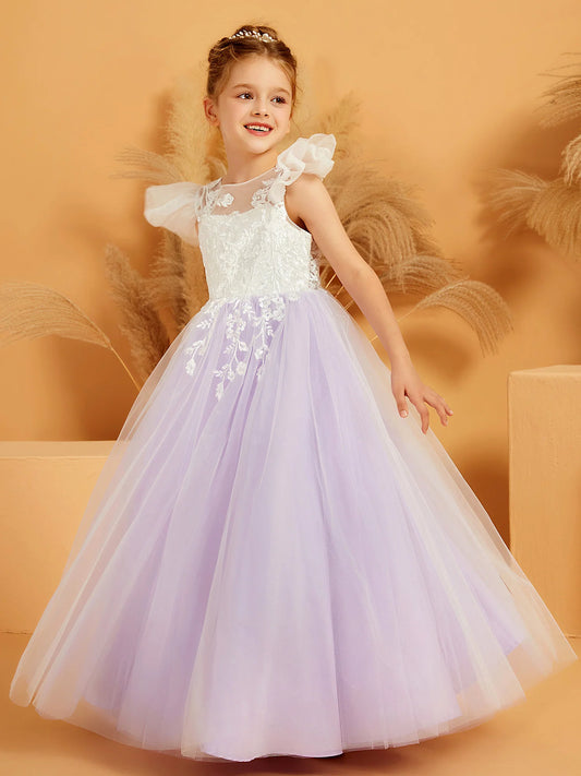 Dreamy A-Line Illusion-Neck Flutter-Sleeve V-Back Floor-Length Flower Girl Dresses