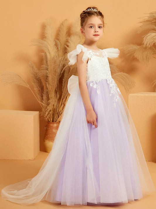 Dreamy A-Line Illusion-Neck Flutter-Sleeve V-Back Floor-Length Flower Girl Dresses