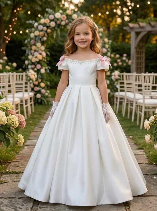 Elegant Off Shoulder Bow Satin Ivory Flower Girl Dress Wedding