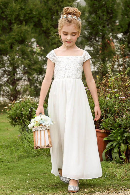 Elegant A Line Off Shoulder Short Sleeve Lace Back Flower Girl Dress