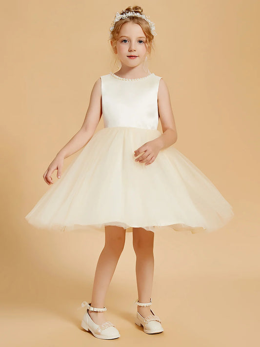 Heowos ivory flower girl dress with a pearl-trimmed round neckline, sleeveless satin bodice and full knee-length tulle skirt.