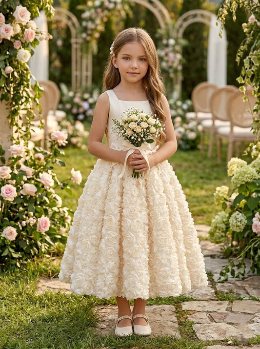 Elegant Square Neck Floral Ball Gown Ivory Flower Girl Dress Wedding