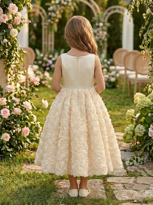 Elegant Square Neck Floral Ball Gown Ivory Flower Girl Dress Wedding