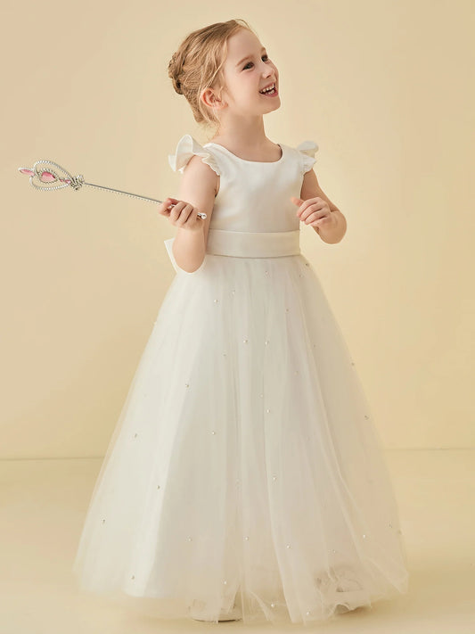 Charming A-Line Round-Neck Ruffle-Sleeve V-Back Floor-Length Beaded Tulle Flower Girl Dresses