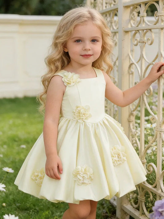 Ivory Satin 3D Floral Flower Girl Dress