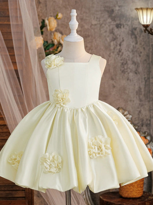 Ivory Satin 3D Floral Flower Girl Dress