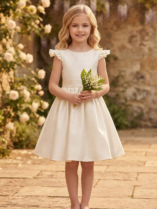 Elegant Satin A-Line Ruffle Sleeve Bow Back Flower Girl Dress