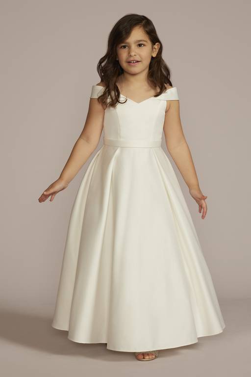 Elegant A-Line V-Neck Off-Shoulder Satin Floor-Length Flower Girl Dress