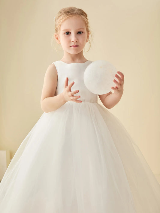 Heowos ivory flower girl dress with a rounded neckline, sleeveless satin bodice, defined waist and full gathered tulle skirt.
