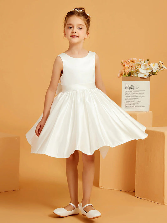 Heowos ivory satin flower girl dress with round neckline, sleeveless bodice, satin waistband and flared knee-length skirt.