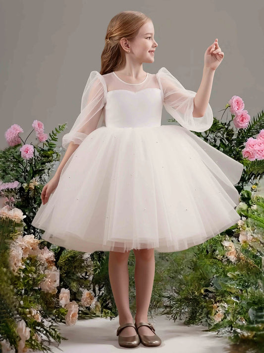 Graceful Ball Gown Illusion-Neck Three-Quarter-Sleeve V-Back Knee-Length Flower Girl Dresses