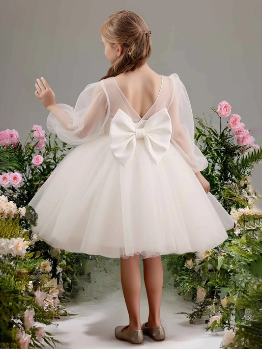 Graceful Ball Gown Illusion-Neck Three-Quarter-Sleeve V-Back Knee-Length Flower Girl Dresses
