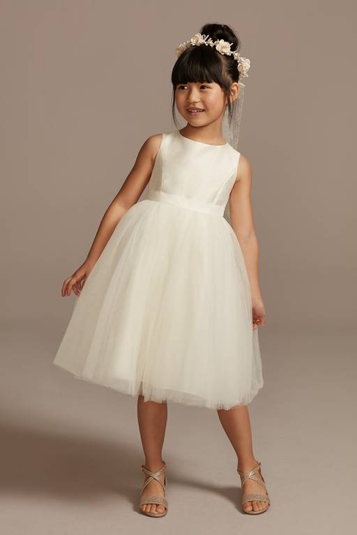Classic A-Line Round Neck Sleeveless Bow Back Tea-Length Flower Girl Dress