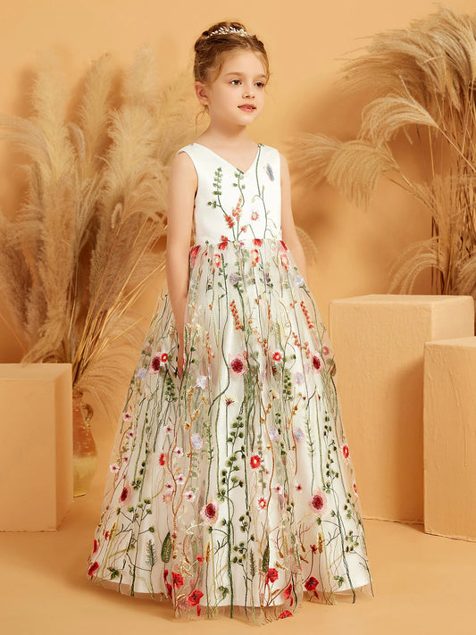 Romantic A-Line V-Neck Sleeveless Embroidered Tulle Floor-Length Flower Girl Dresses