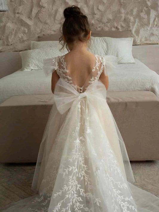 Elegant A Line Illusion Neck Flutter Sleeve Open Back Long Flower Girl Dress