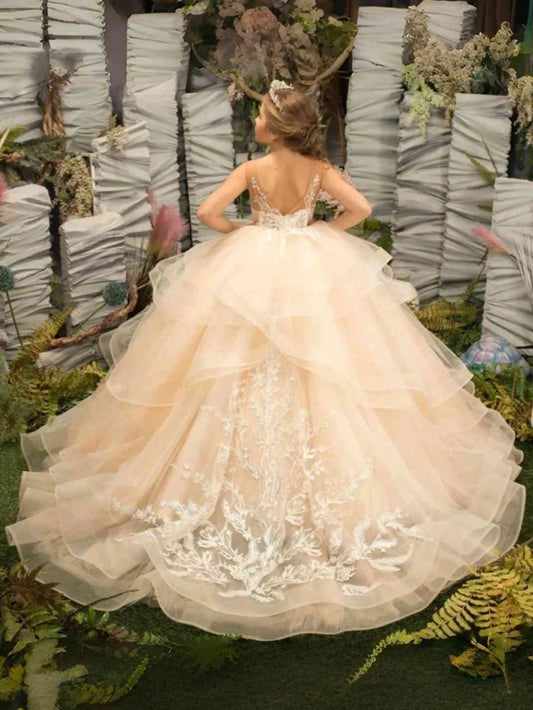 Champagne Ball Gown Illusion Neck Sleeveless Illusion Back Floor Flower Girl Dresses