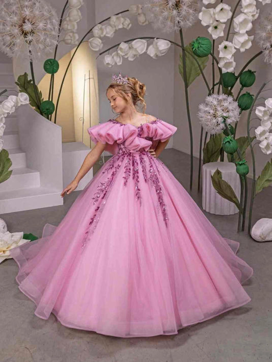 Luxury Ball?Gown Off?Shoulder Ruffle?Sleeve Corset?Back Train Pageant Girl Dress