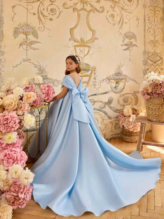Luxury Ballgown Off Shoulder Short Sleeve Open Back Train Flower Girl Dress