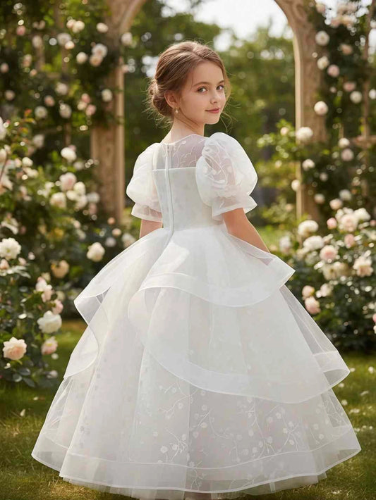 Elegant Ball Gown Round Neck Puff Short Sleeve Zipper Back Maxi Flower Girl Dress
