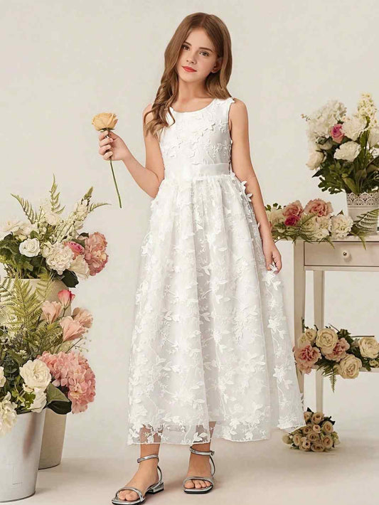 Elegant A-Line Round Neck Sleeveless Deep V Back Maxi Flower Girl Dress