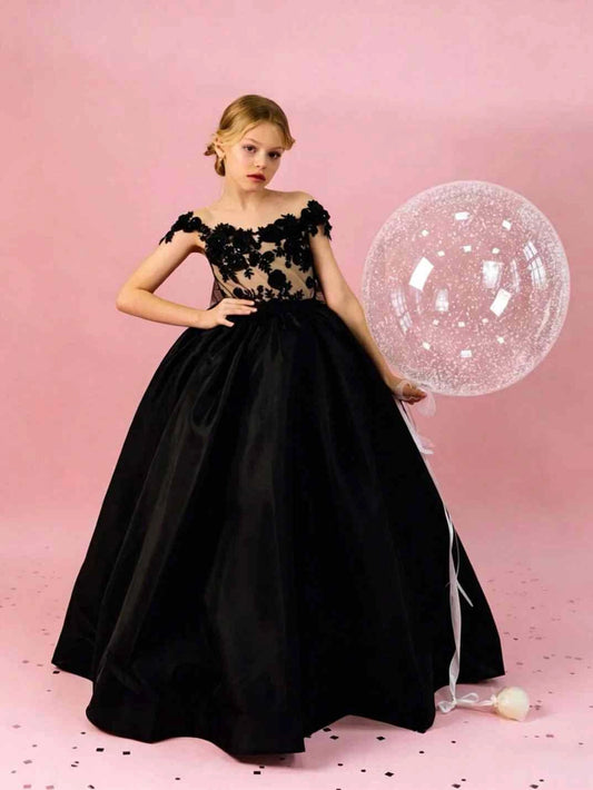Black Ballgown Off Shoulder Short Sleeve V Back Long Pageant Dress