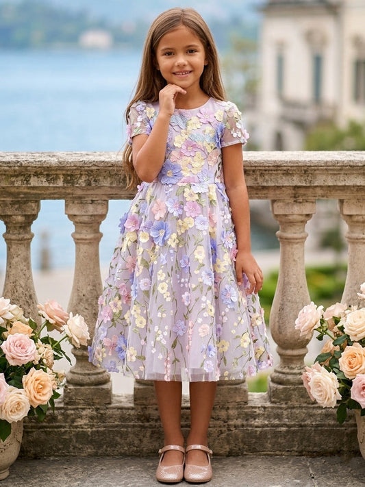 Romantic A Line Round Neck Short Sleeve Zipper Back Flower Girl Dress